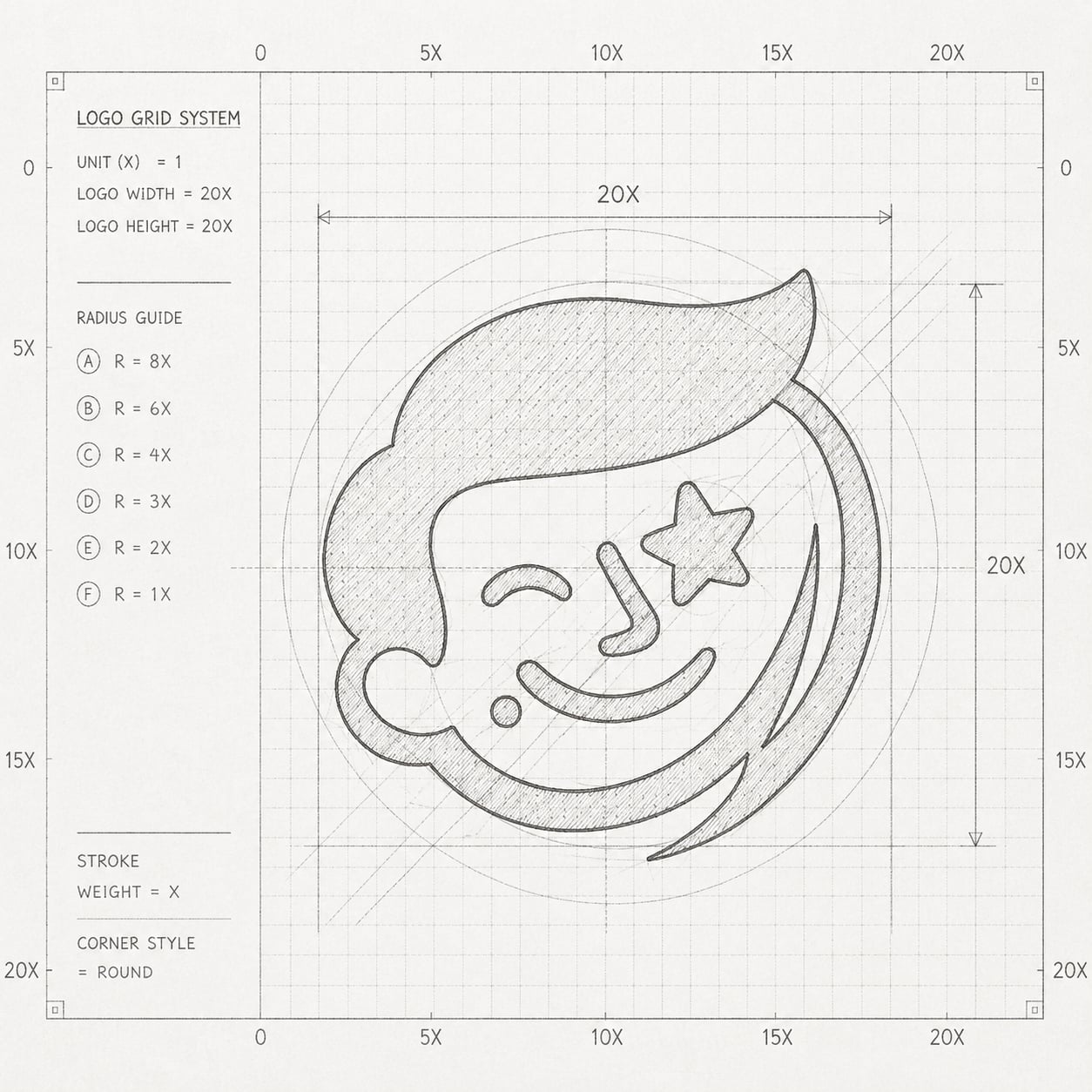 Geometric construction sketch of the Eldrex Bula logo showing balanced curves, proportional relationships, and the mathematical grid underlying the face silhouette, hair flow, smile arc, and star eye placement